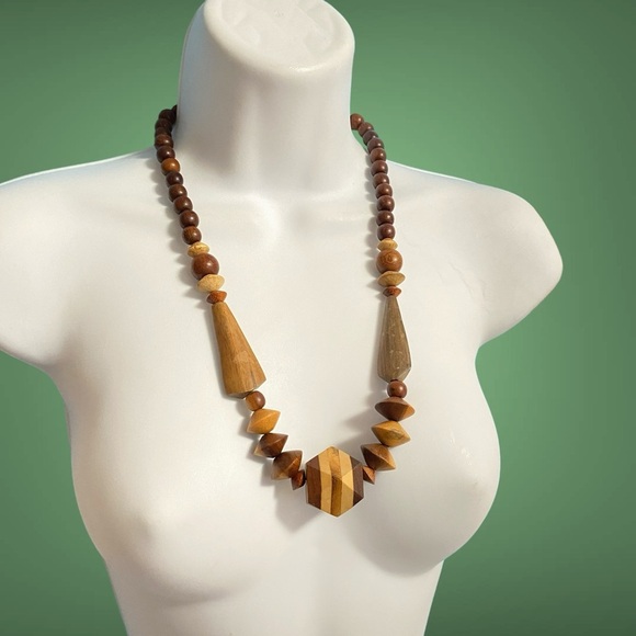 Vintage Chunky Wood Beads Necklace Boho Tribal Style - Picture 5 of 8